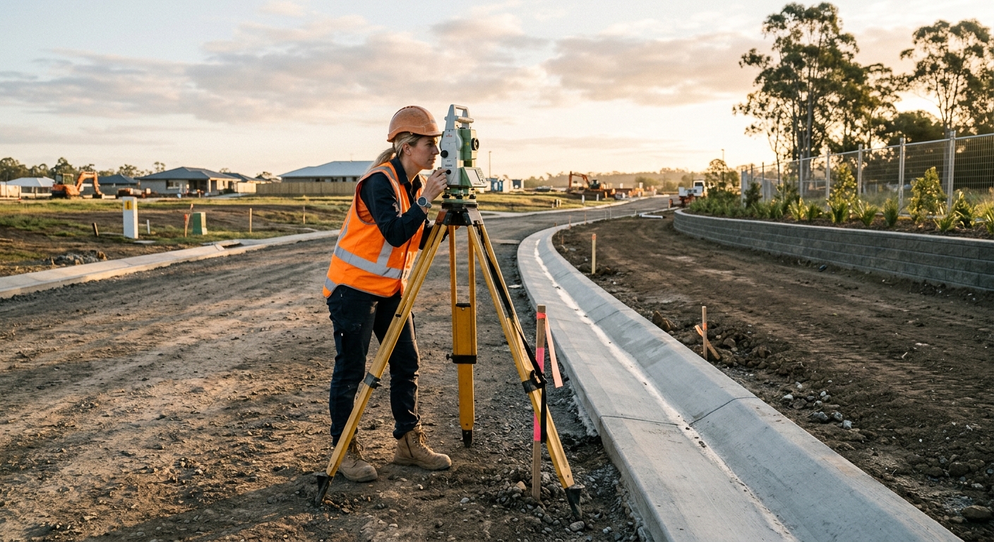 Surveyor and site engineer reviewing a subdivision plan on site beside a partly landscaped verge with newly formed lots behind