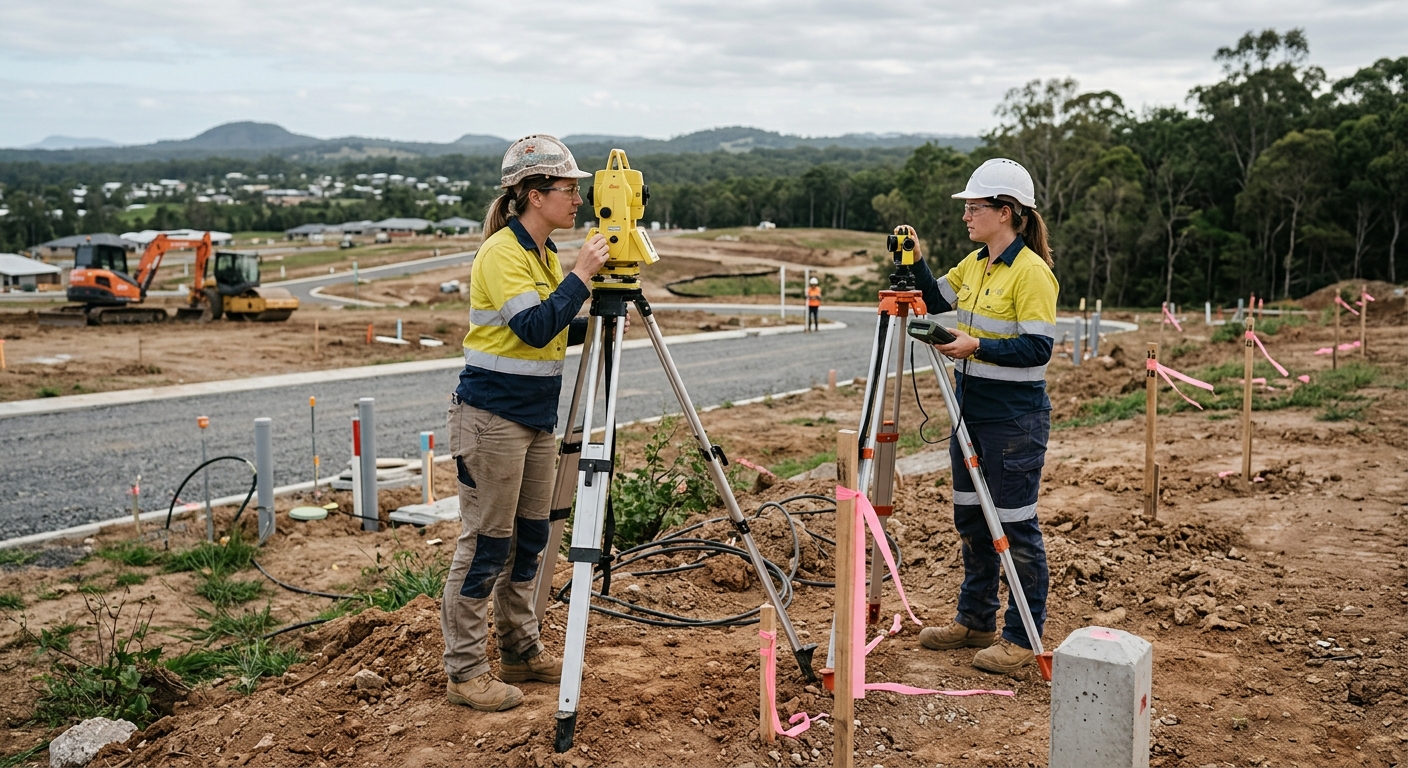 A cadastral surveyor operating a total station on a Sunshine Coast subdivision site