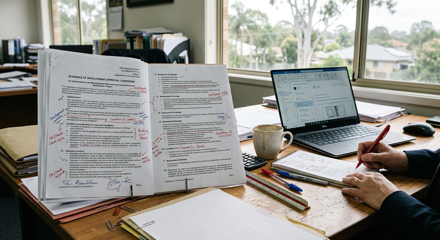A schedule of development approval conditions marked up on a desk beside a laptop