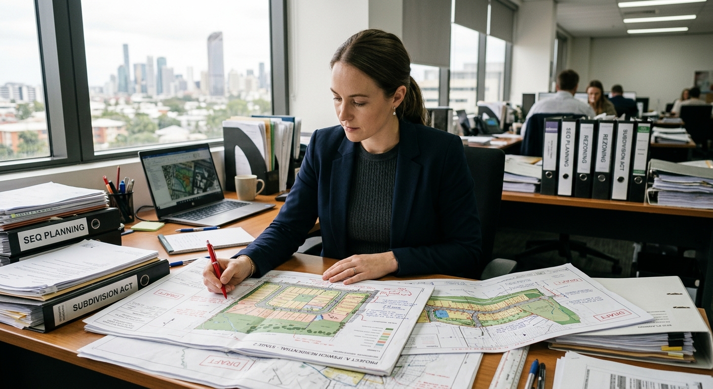 A planner reviewing marked-up development approval documents across several projects