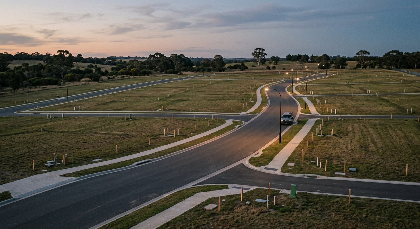 A completed subdivision with finished roads and services but no houses yet, lots awaiting titles