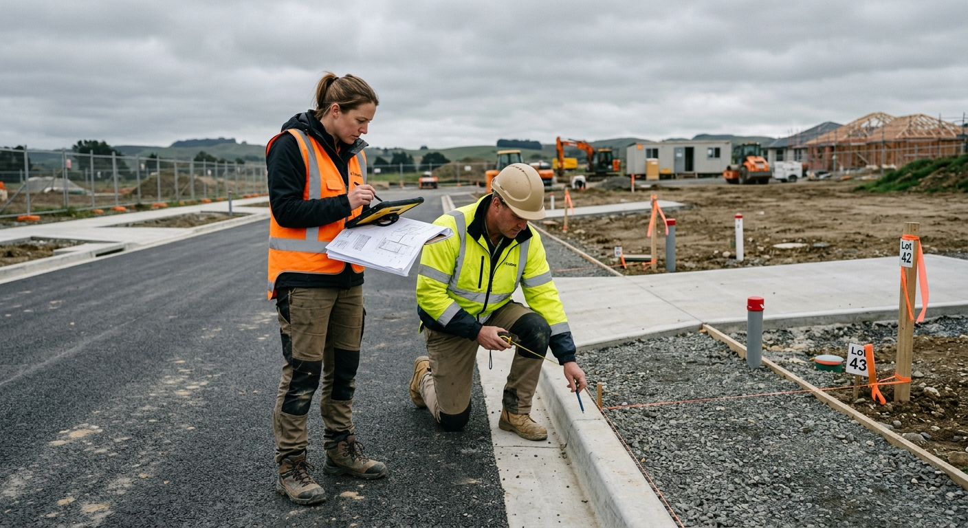 A surveyor and civil engineer checking completed civil works against plans on a new subdivision