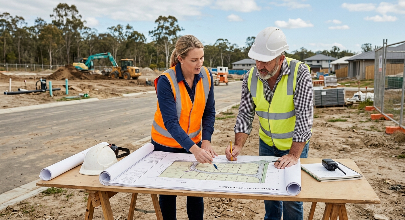 A town planner and engineer reviewing subdivision plans together on a construction site