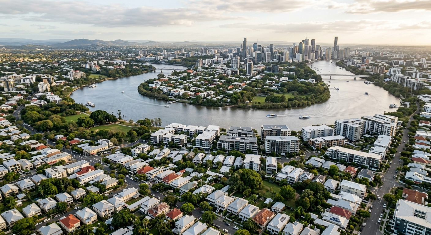 Aerial view of Brisbane suburbs with the Brisbane River and the city skyline