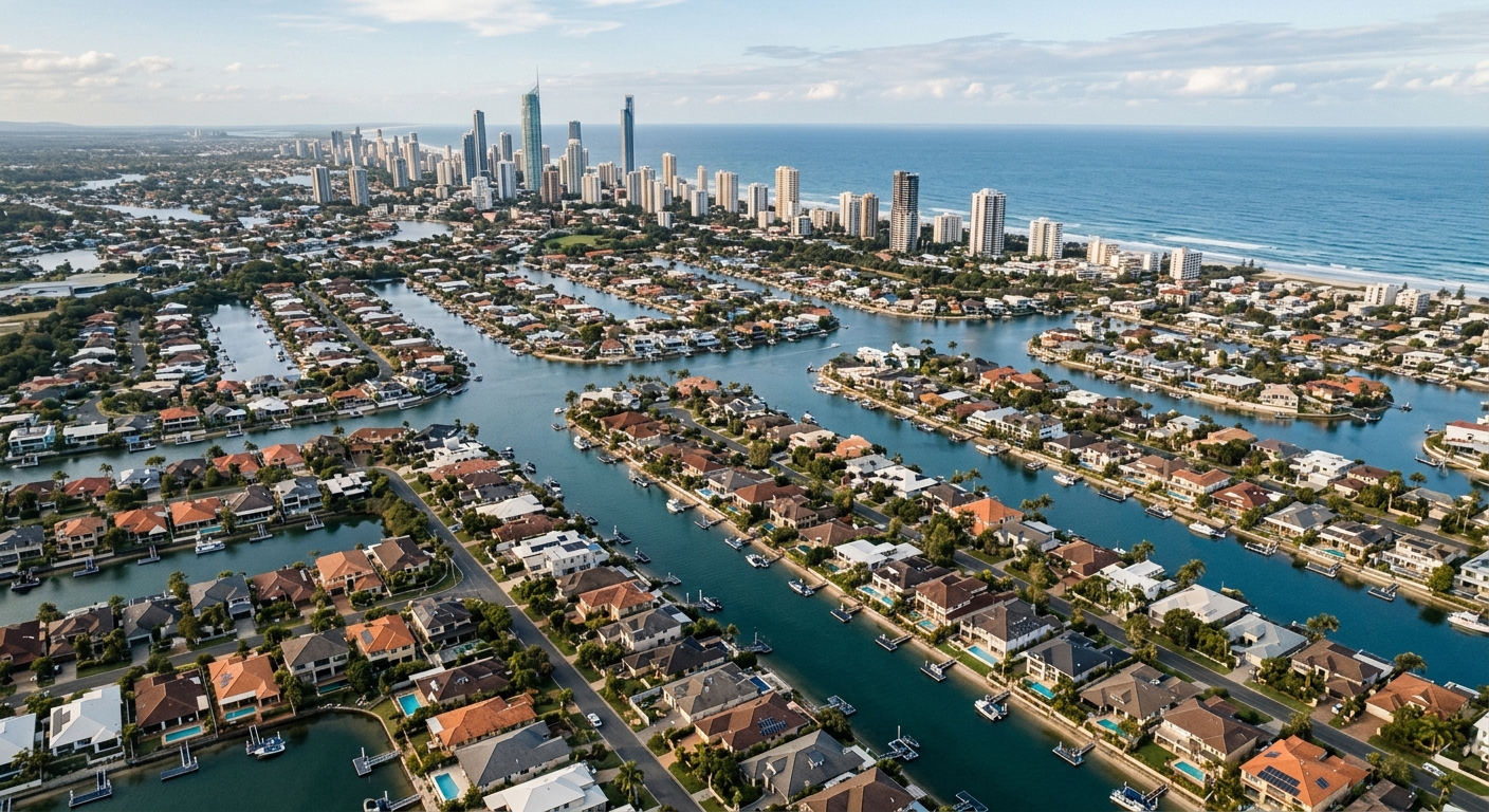 Aerial view of a Gold Coast canal estate and subdivision with the skyline beyond