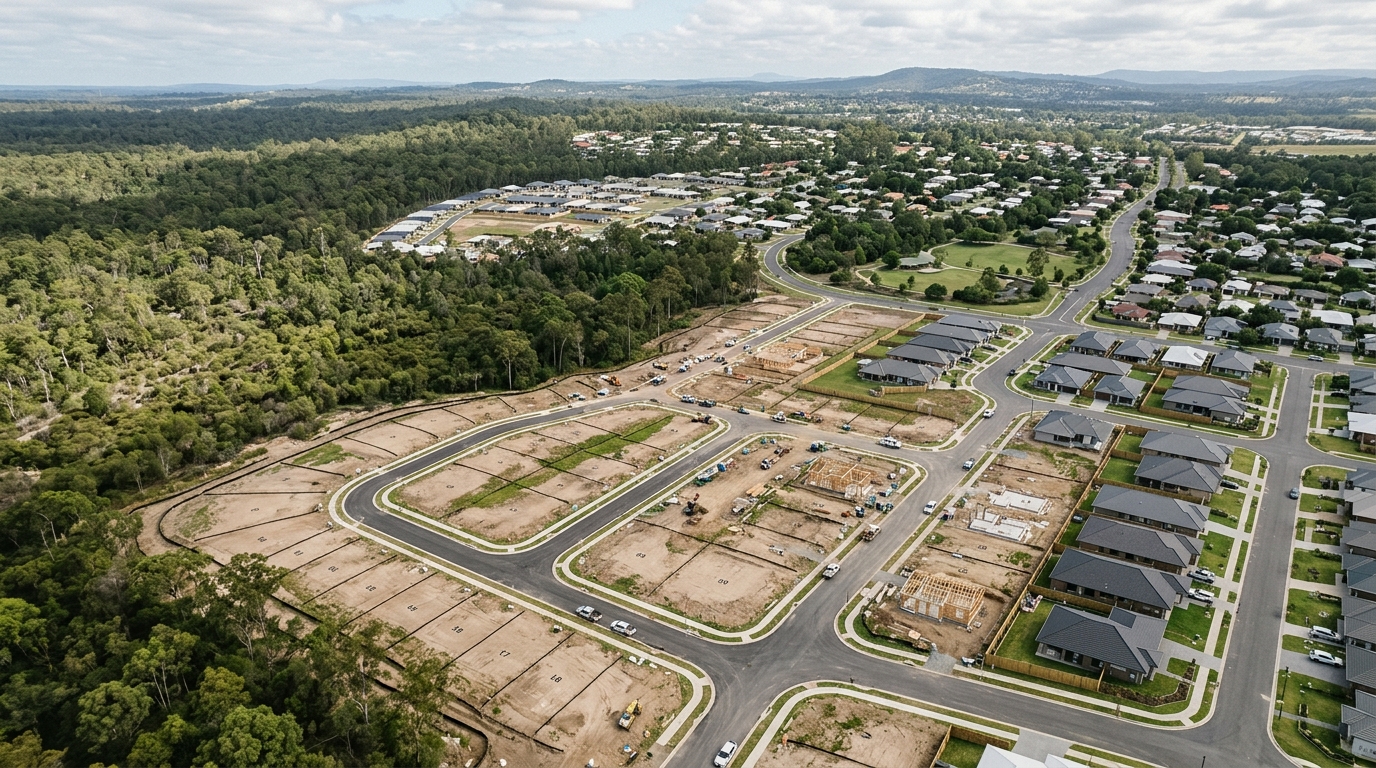 Aerial of an Ipswich growth-corridor housing estate under development