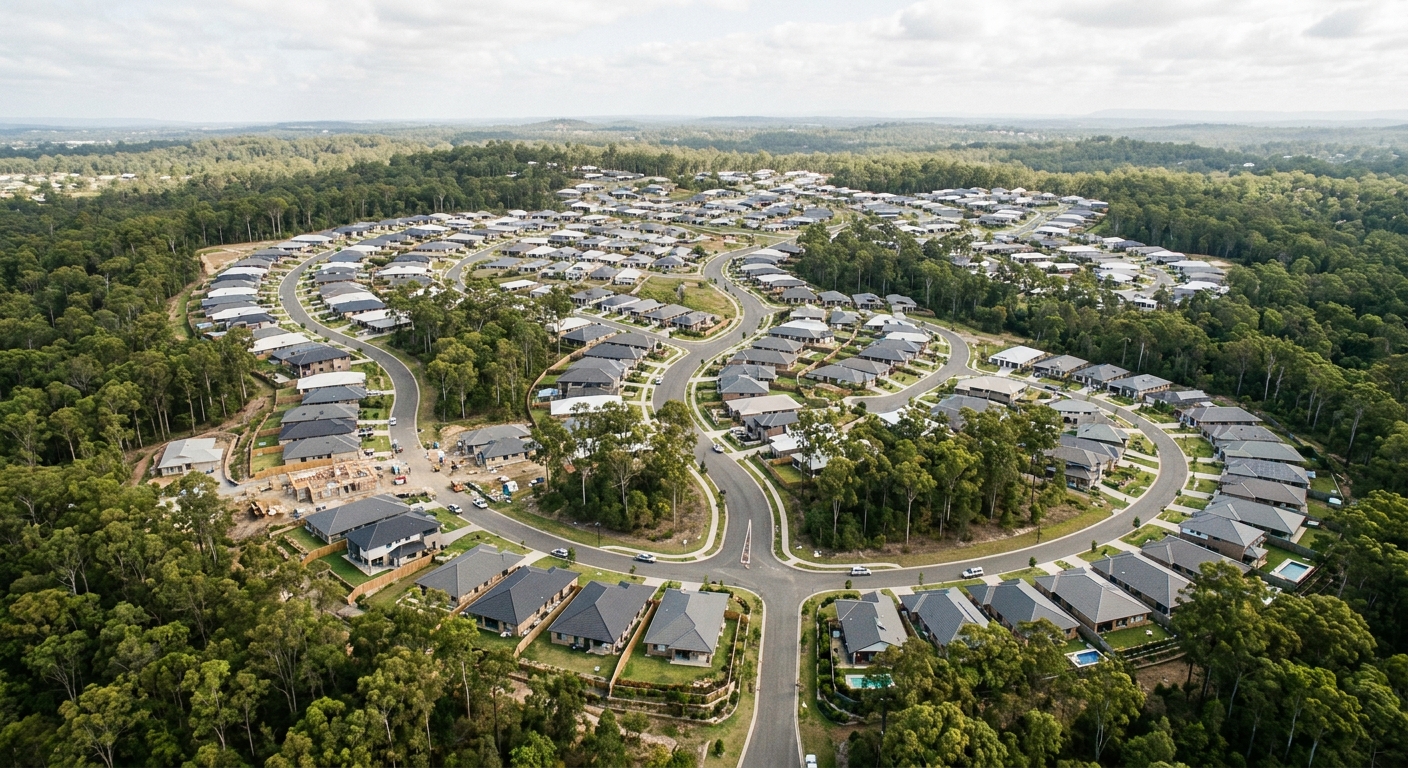 Aerial of a Logan growth-corridor residential subdivision