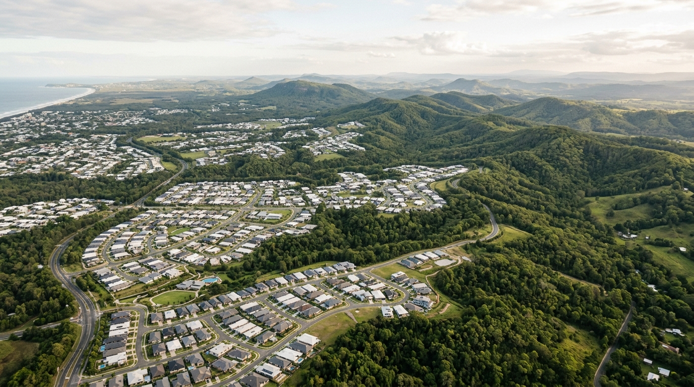 Aerial of a Sunshine Coast subdivision between the hinterland and the coast