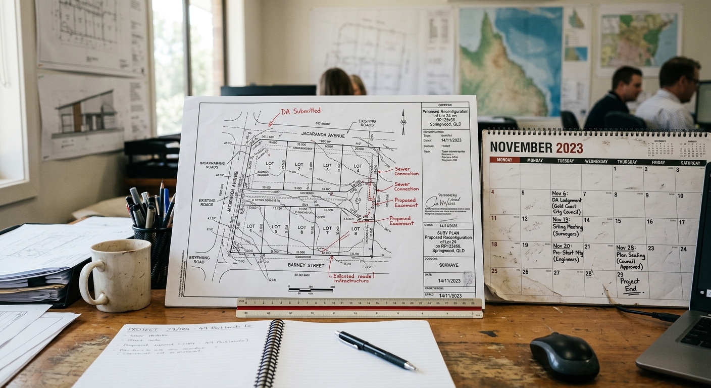 A calendar and a survey plan on a desk representing subdivision project timelines