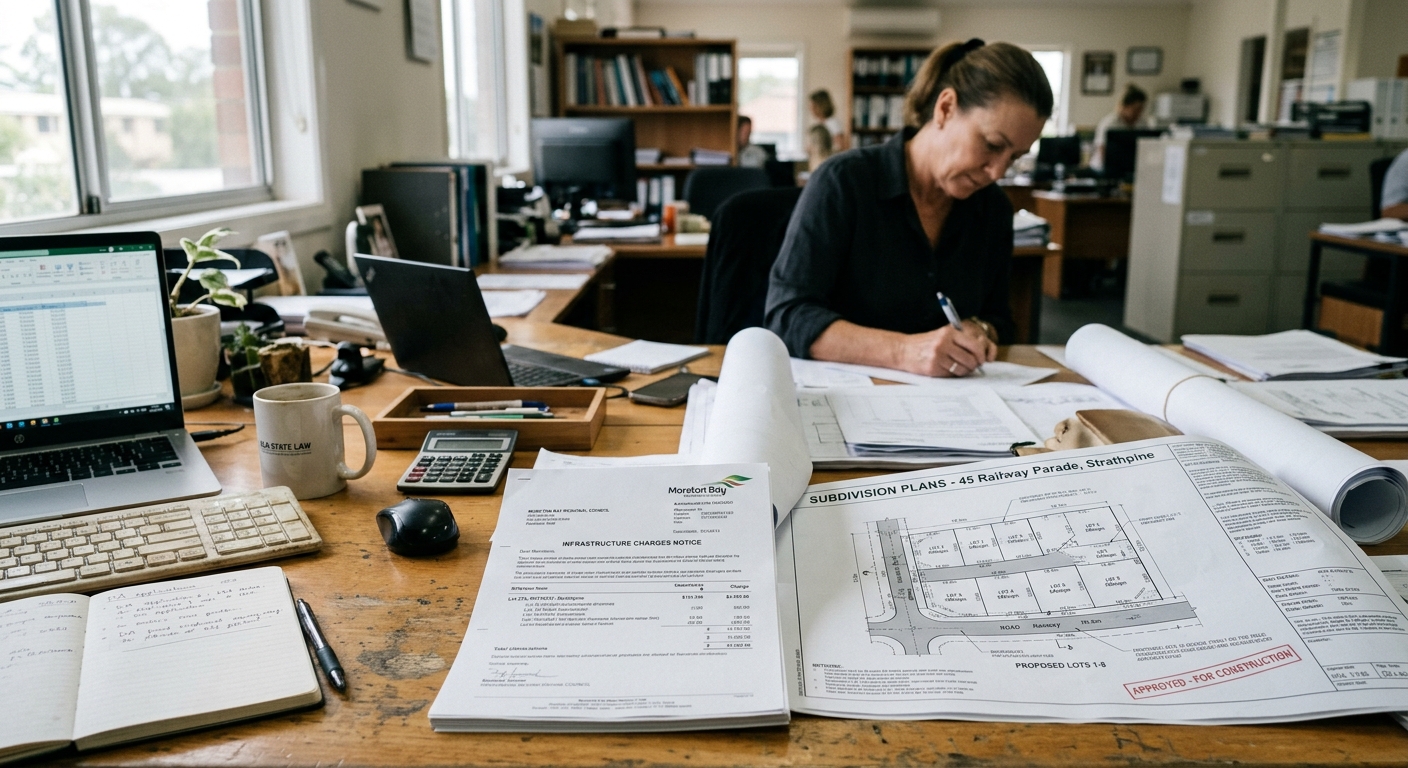A desk with an infrastructure charges notice and subdivision plans