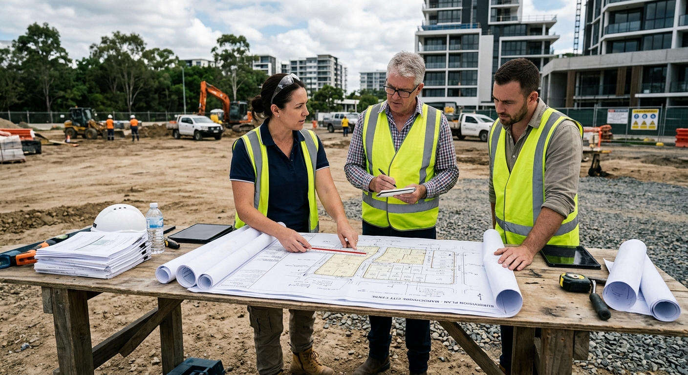 Surveyors and consultants reviewing subdivision plans on a Maroochydore City Centre construction site