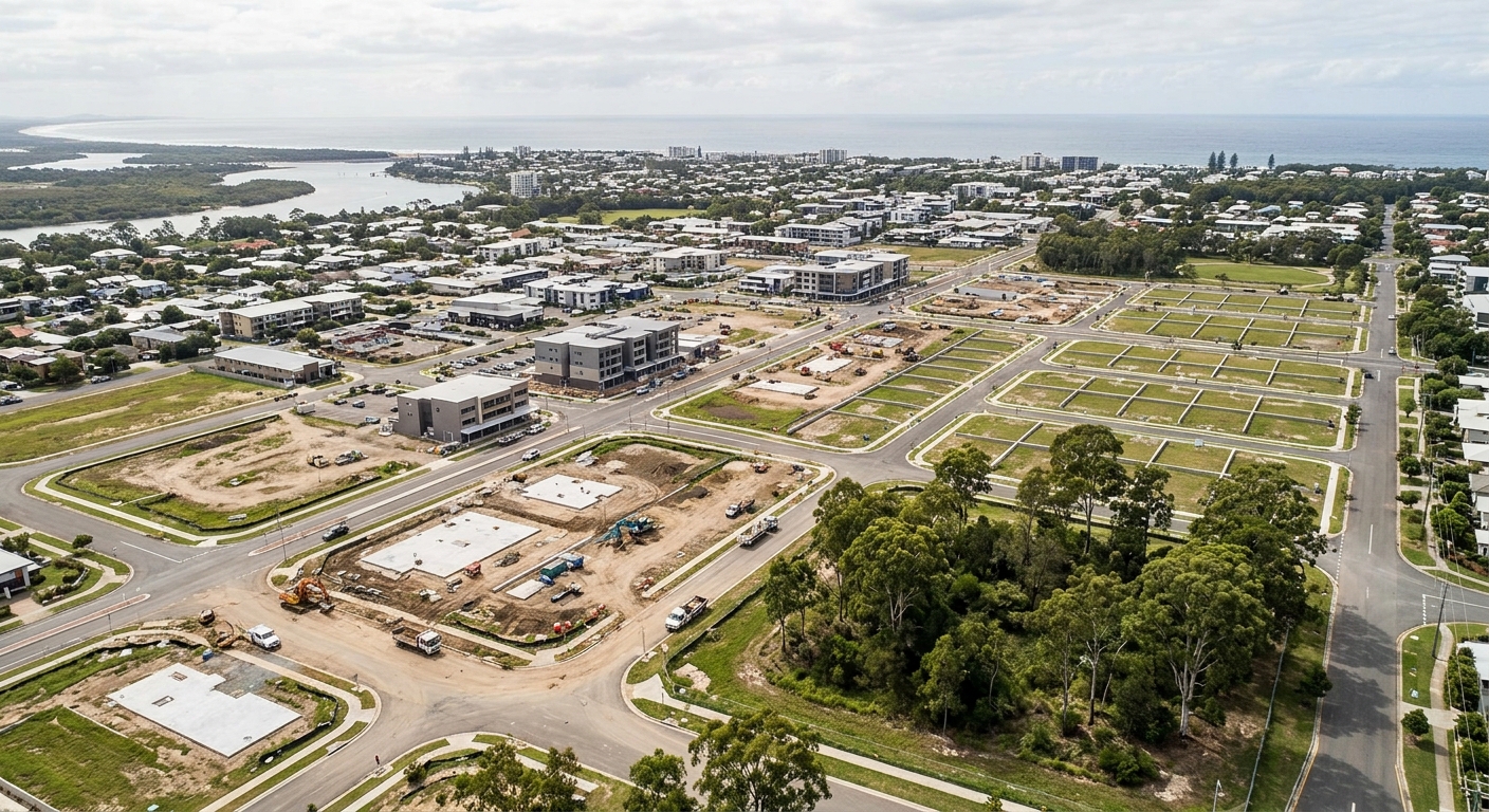 Aerial view of the Maroochydore City Centre precinct under construction on the Sunshine Coast