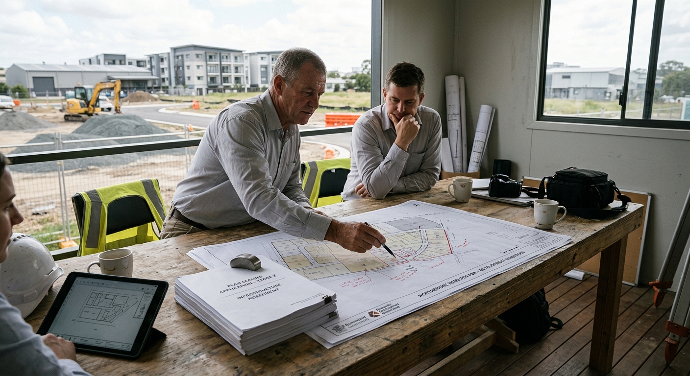 Surveyor and planner reviewing a subdivision plan at a riverfront urban-renewal site