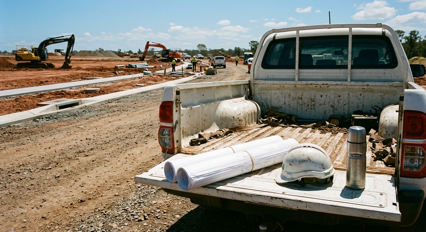 As-constructed civil works on a Queensland subdivision: finished road, kerbing and stormwater pits ready for council inspection