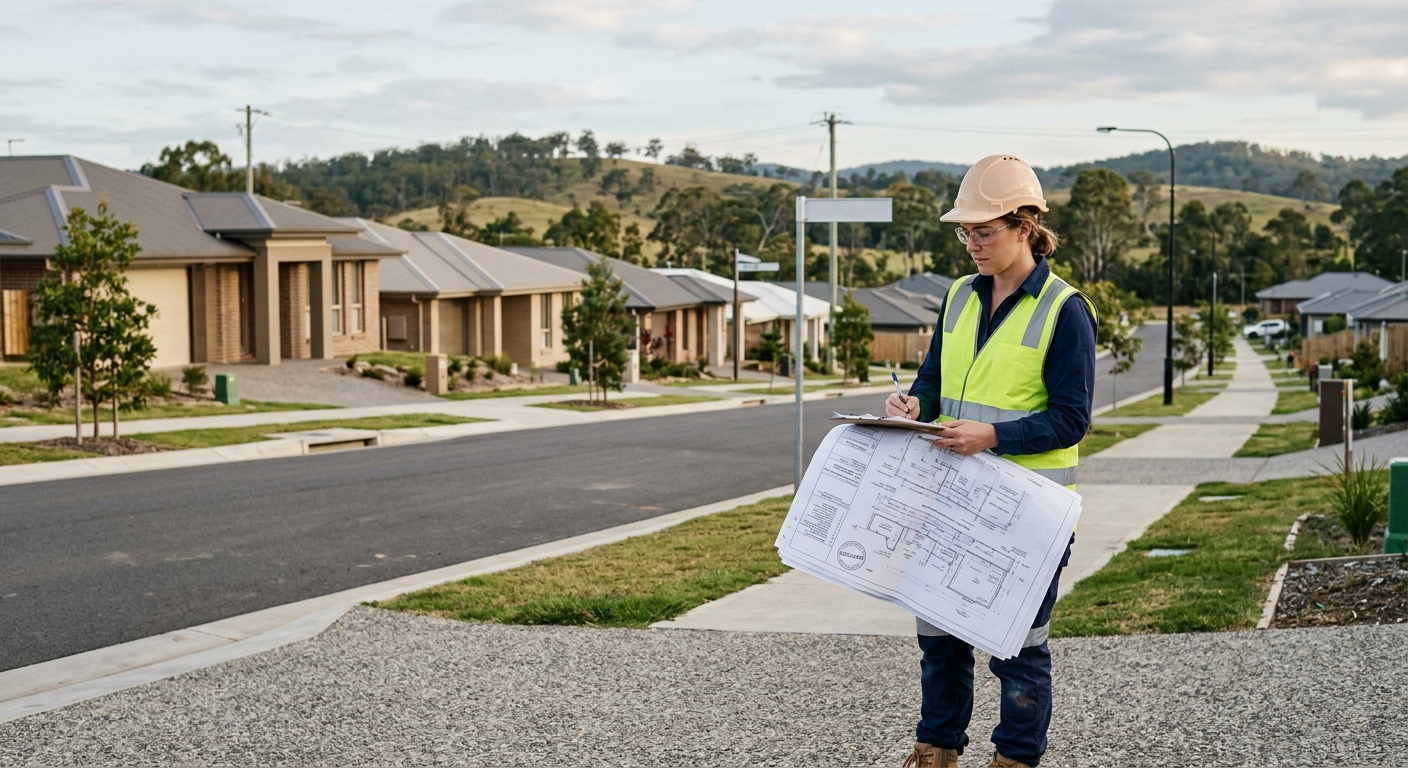 A site engineer certifying completed operational works with plans in hand