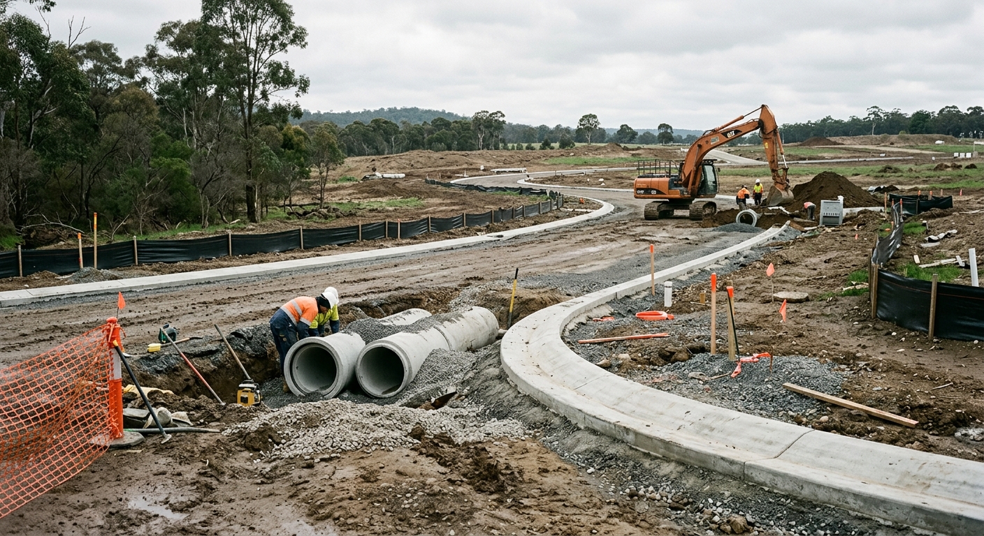 Civil operational works on a new subdivision: fresh kerbing, stormwater drainage pipes being laid, and earthworks with survey markers