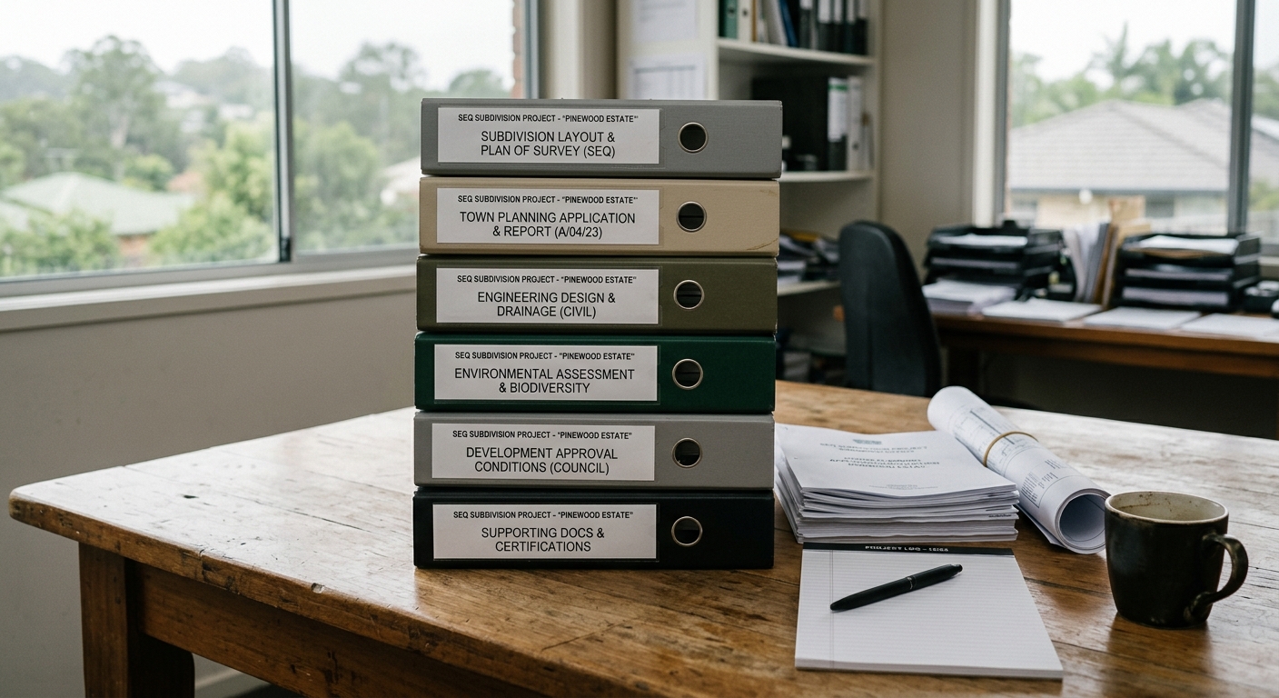 An organised set of project document folders ready for lodgement