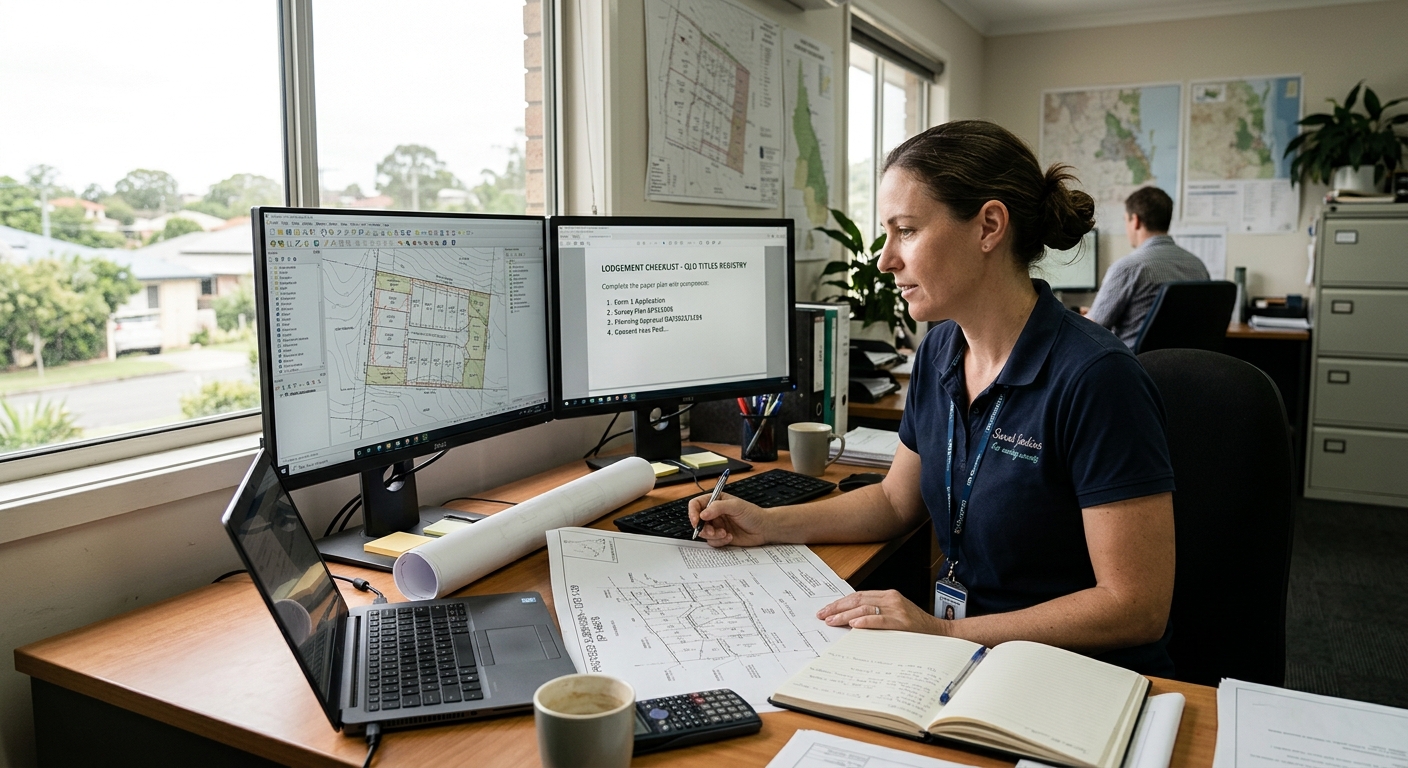A surveyor at a desk reviewing a survey plan and a lodgement checklist on a monitor