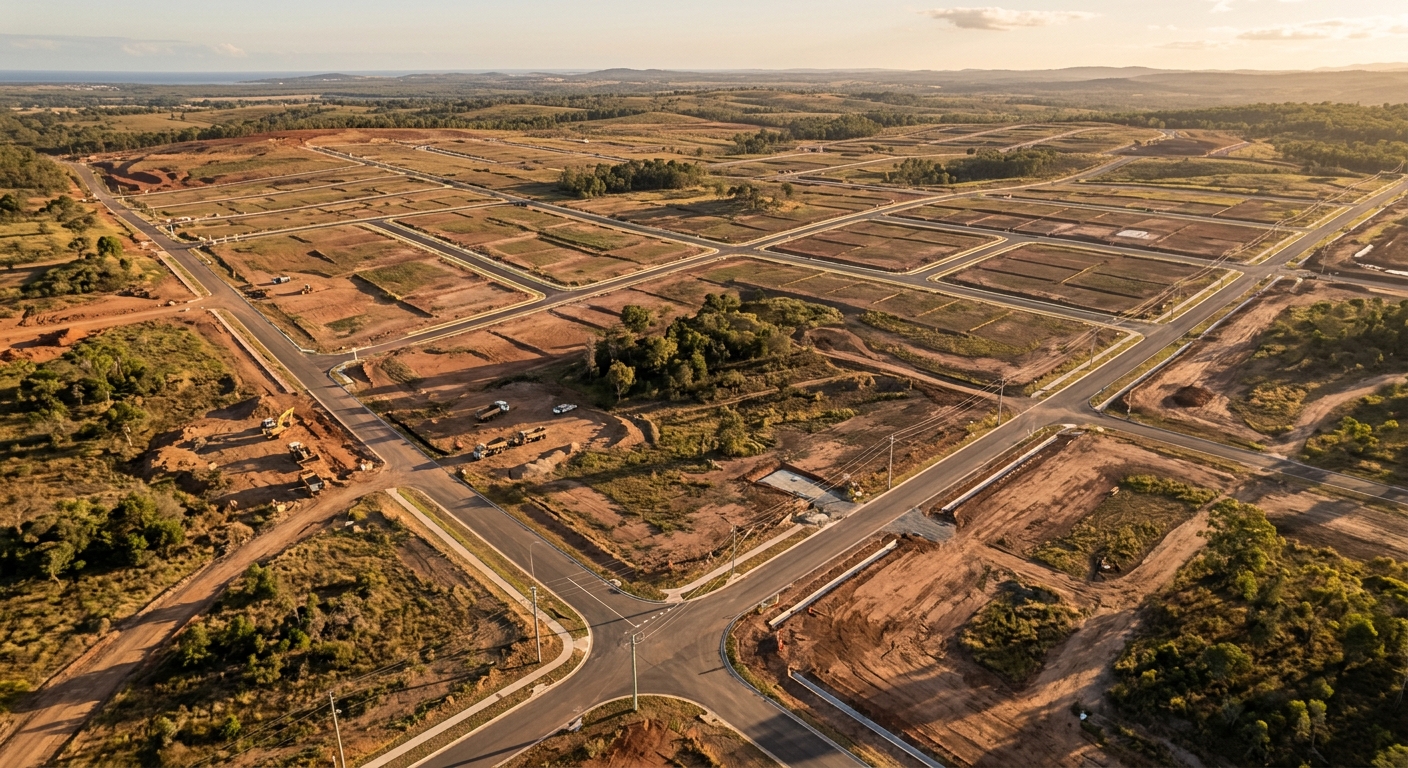 Aerial view of a Queensland residential subdivision with newly formed roads, kerbing and cleared lots ready for titling