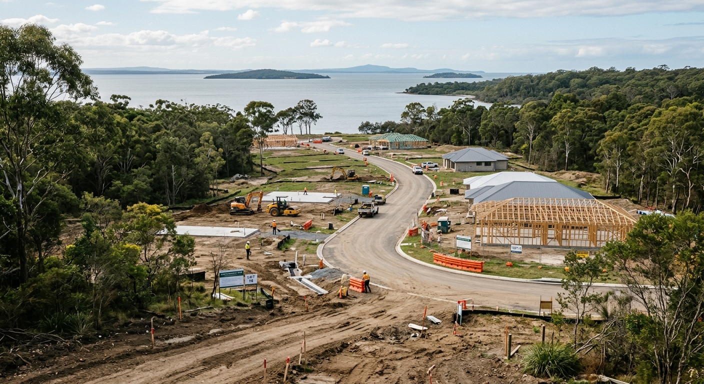 A subdivision under construction in the Redlands with a bushland and bay setting