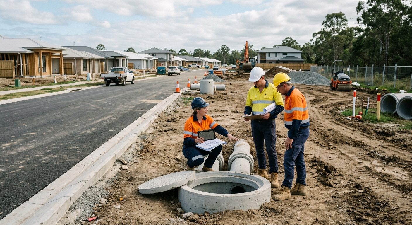 Engineers inspecting stormwater and road works on a subdivision site