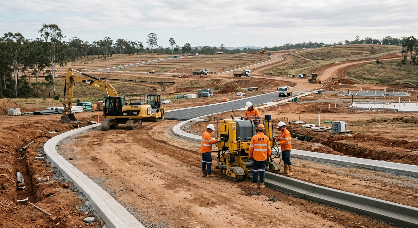 Civil earthworks and road construction on a new Queensland subdivision, machinery and kerbing