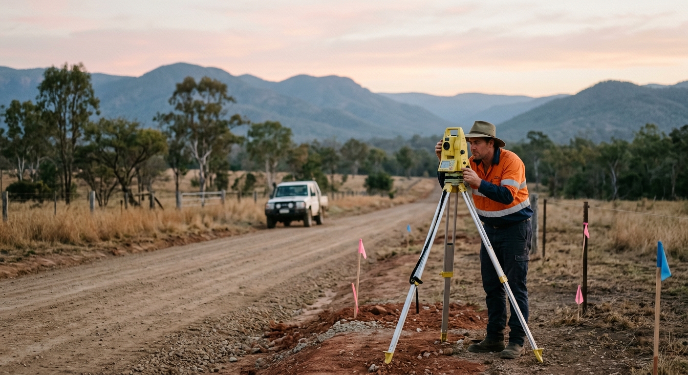 Surveyor sighting through a total station on a tripod beside a freshly graded rural road, with mountains in the distance
