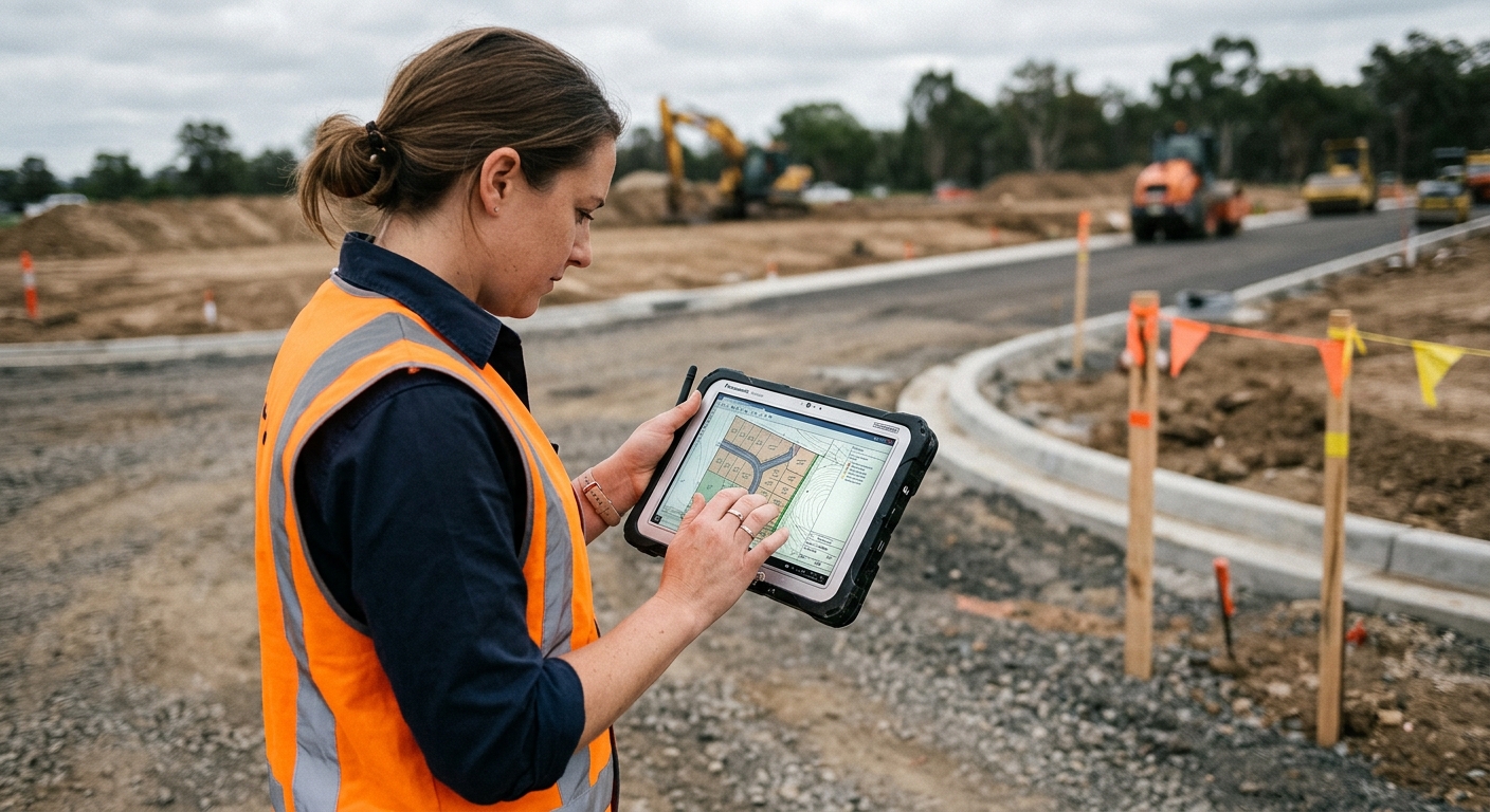 A town planner in hi-vis reviewing a digital subdivision plan on a rugged tablet at a subdivision earthworks site