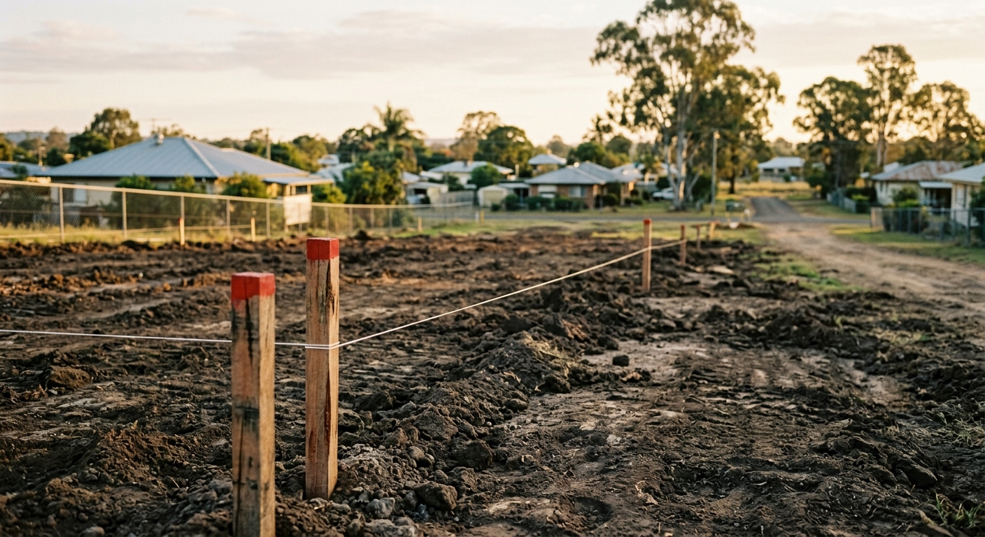 Timber survey pegs and a taut string line in freshly turned earth on a new residential lot, with a rural township edge behind