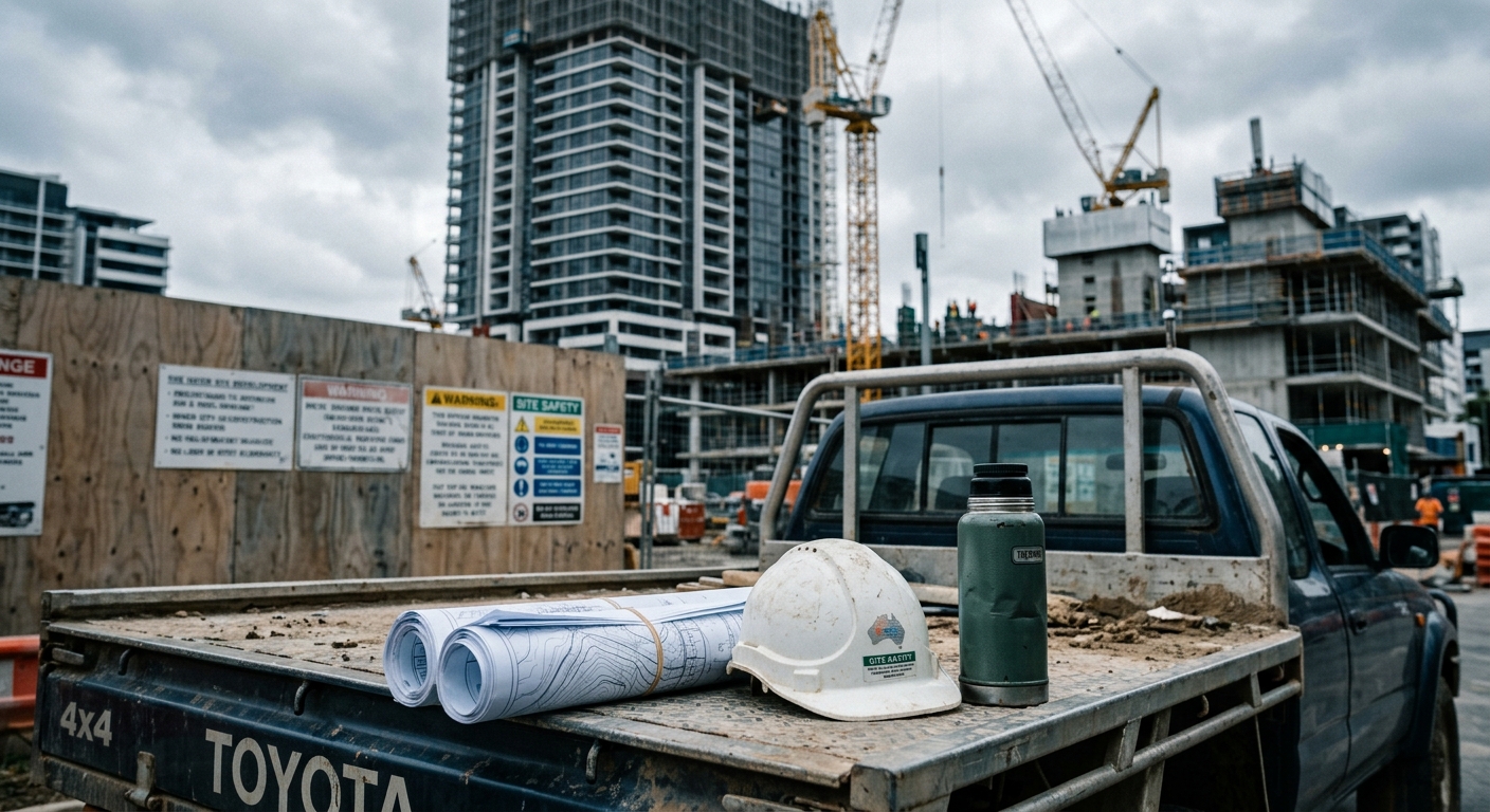 Rolled survey plans, a hard hat, and a thermos on the tray of a ute at an inner-city development site, with towers rising behind hoarding