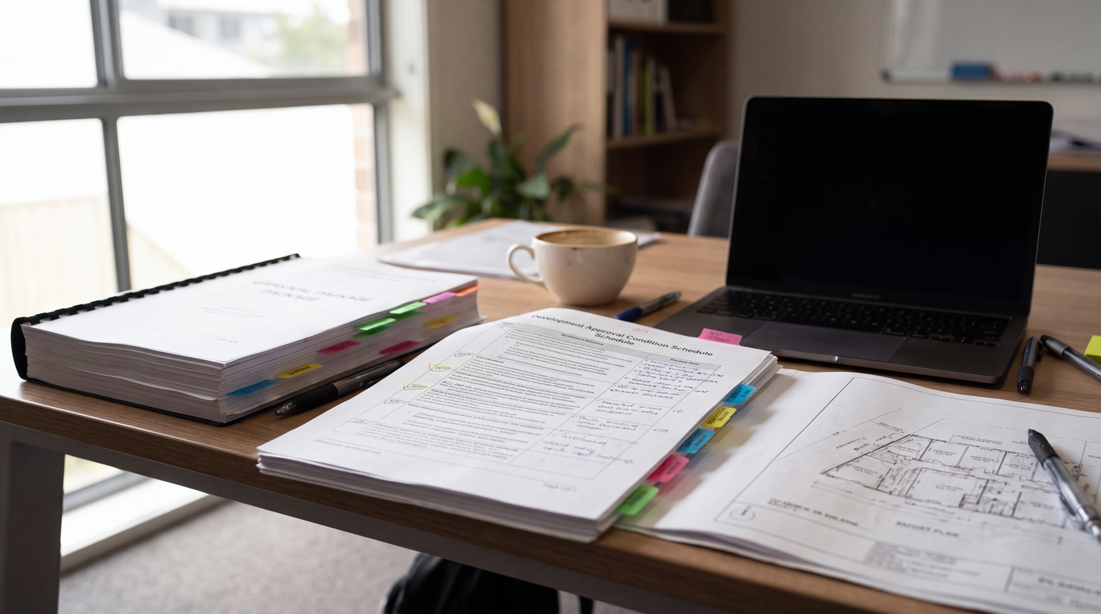 A planner marking up a printed condition schedule beside a subdivision layout plan and a laptop showing a cadastral map