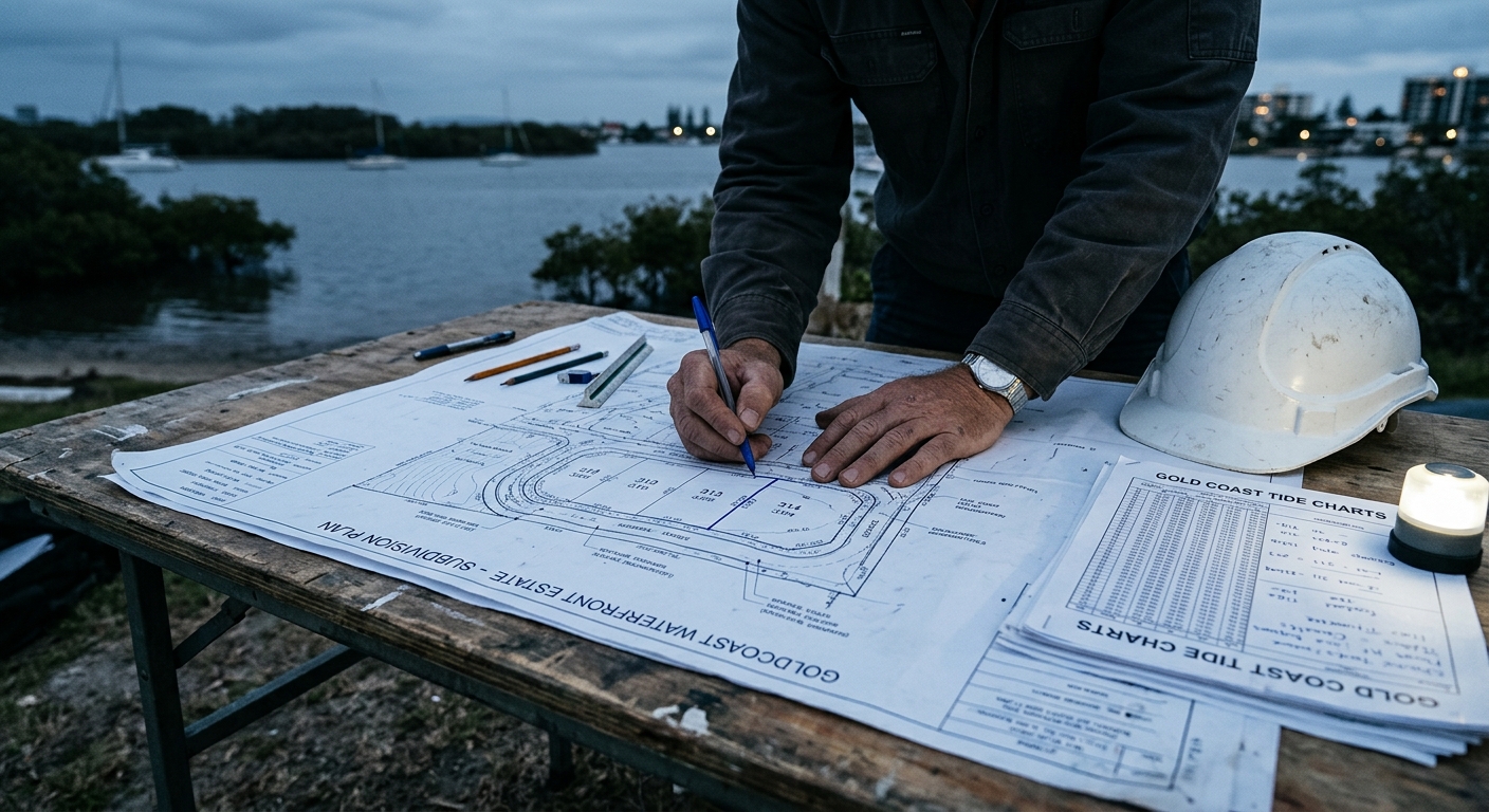 Hands marking up a large subdivision plan on a folding site table near the waterfront at dusk, with a hard hat and tide charts beside the plan