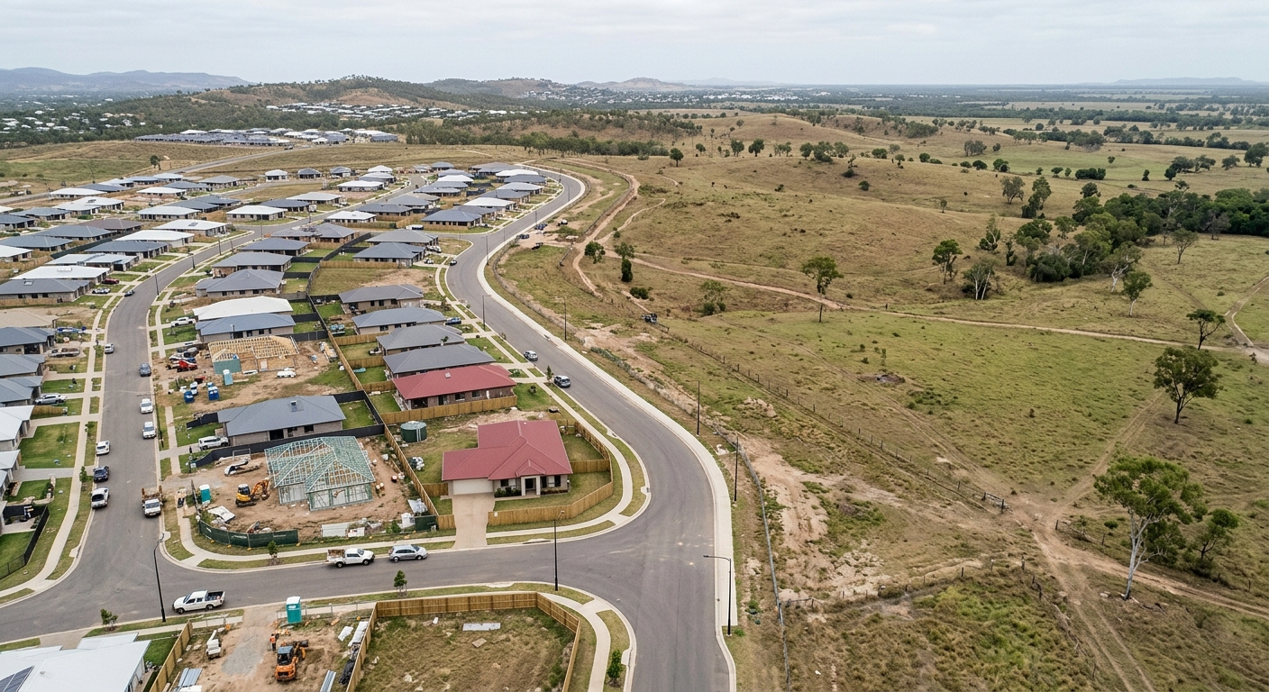 Aerial view of a Townsville residential subdivision under construction with Ross River and hills in the distance