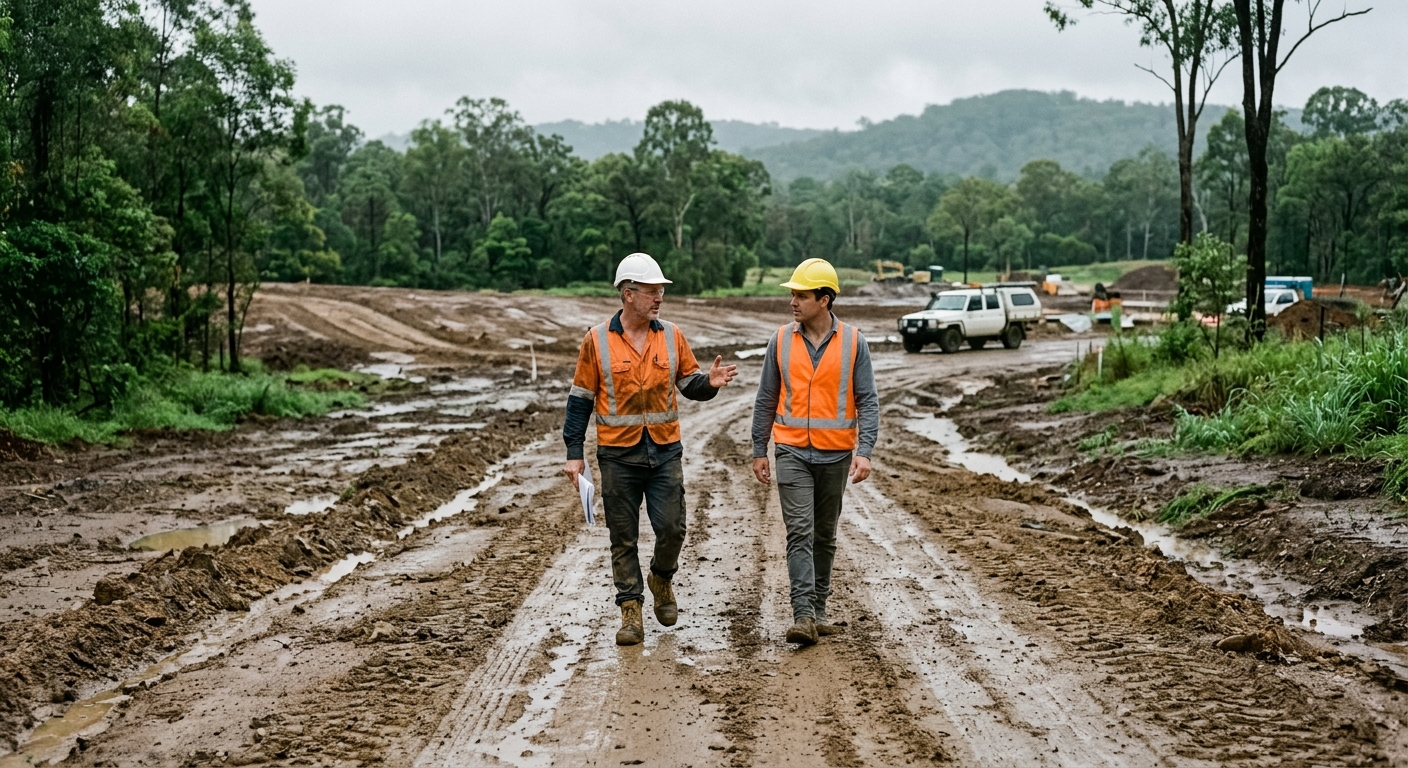 Two engineers in hi-vis walking a freshly cut road alignment through cleared greenfield land, wet ground after rain
