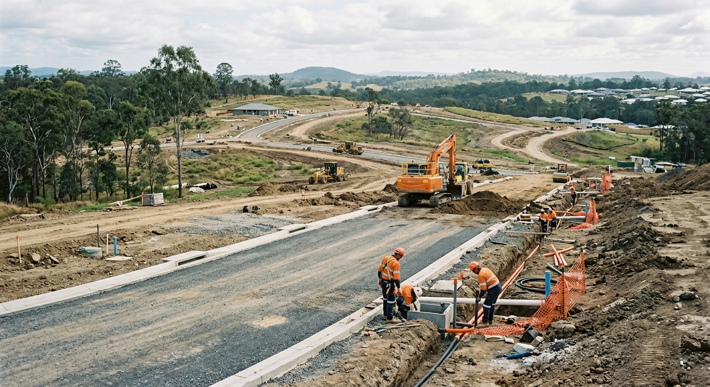 A subdivision under construction, roads and services being built to satisfy approval conditions