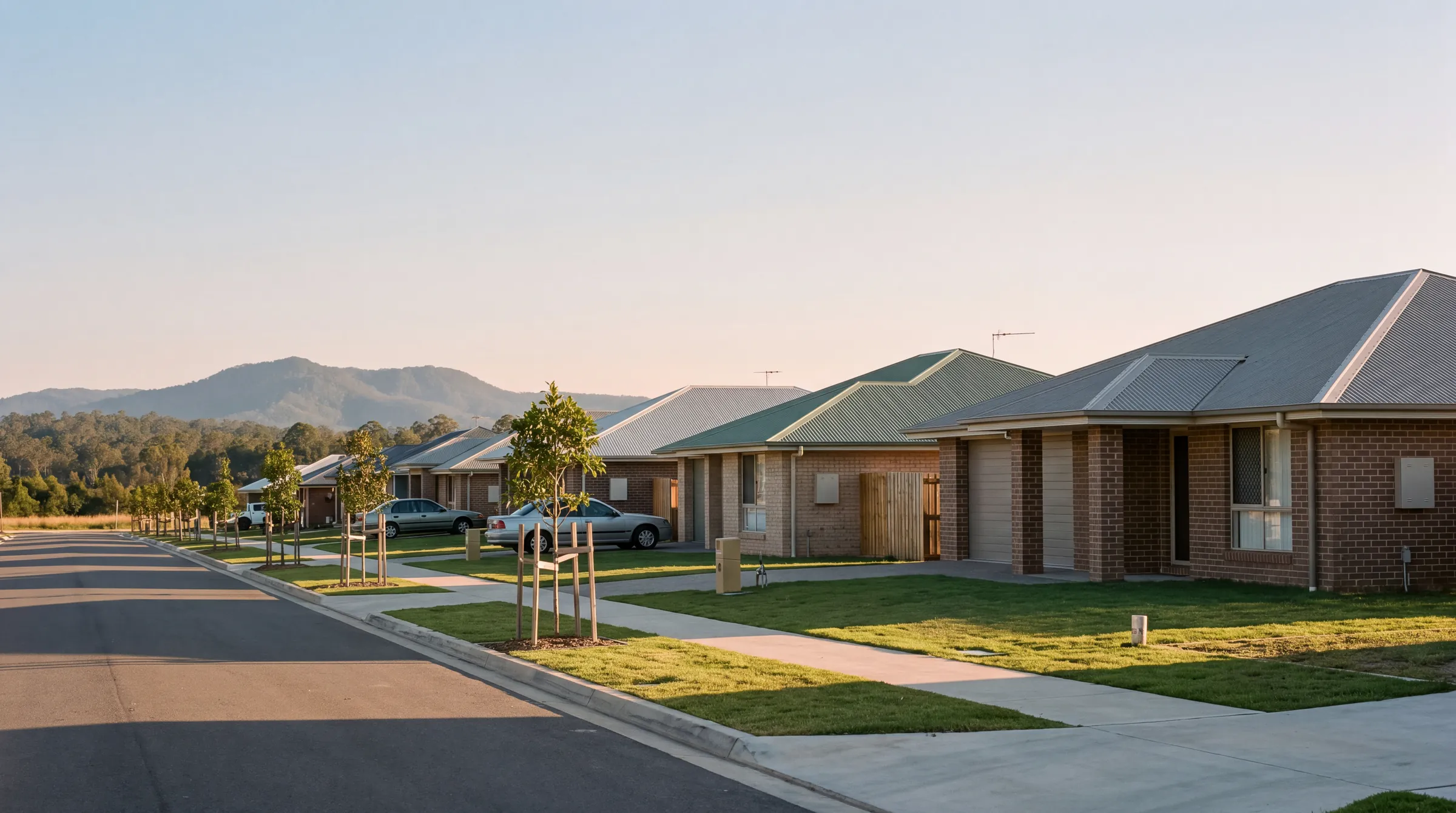 Aerial view of a Queensland estate in delivery: finished homes in front, slabs and house frames behind, earthworks beyond