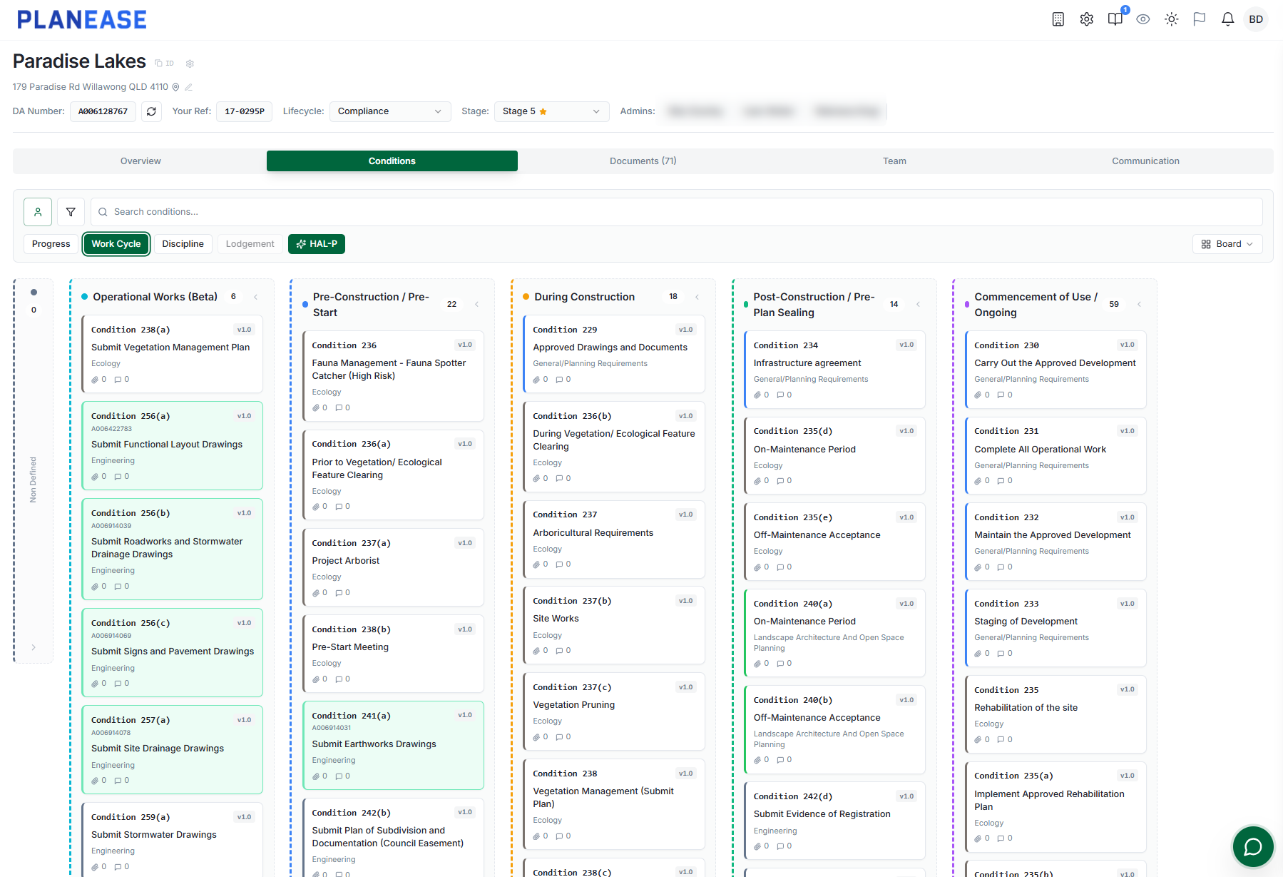 PlanEase conditions register in board view, with conditions grouped into delivery phase columns from operational works through to commencement of use.