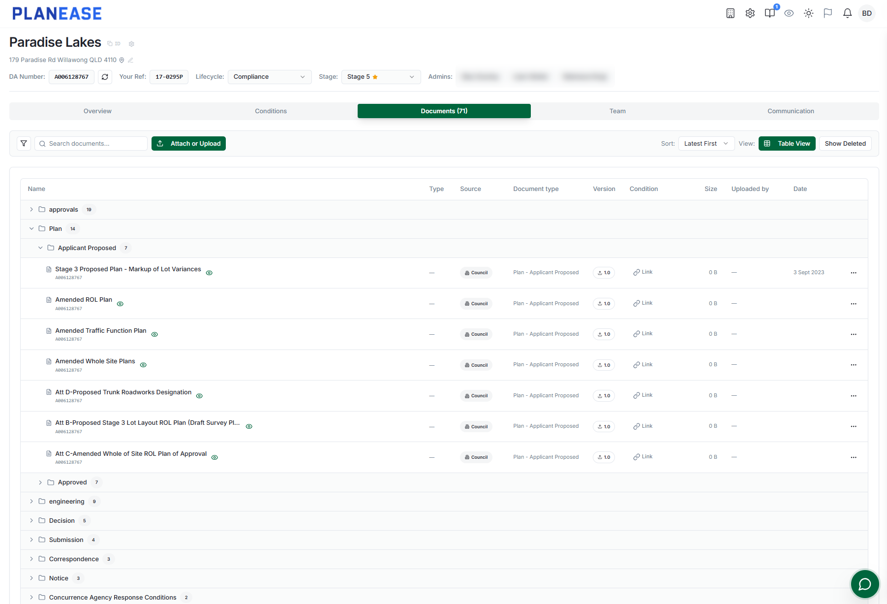 PlanEase project documents grouped into approvals, plans, engineering, decision and correspondence folders, each row showing its source, document type, version and linked condition.