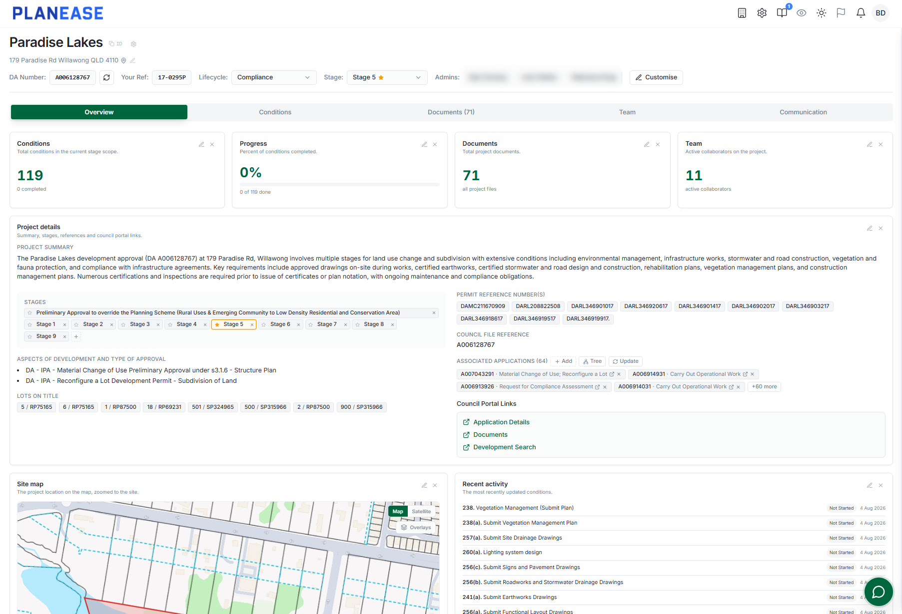 PlanEase project dashboard showing condition progress, lodgement readiness and the project site on a map.