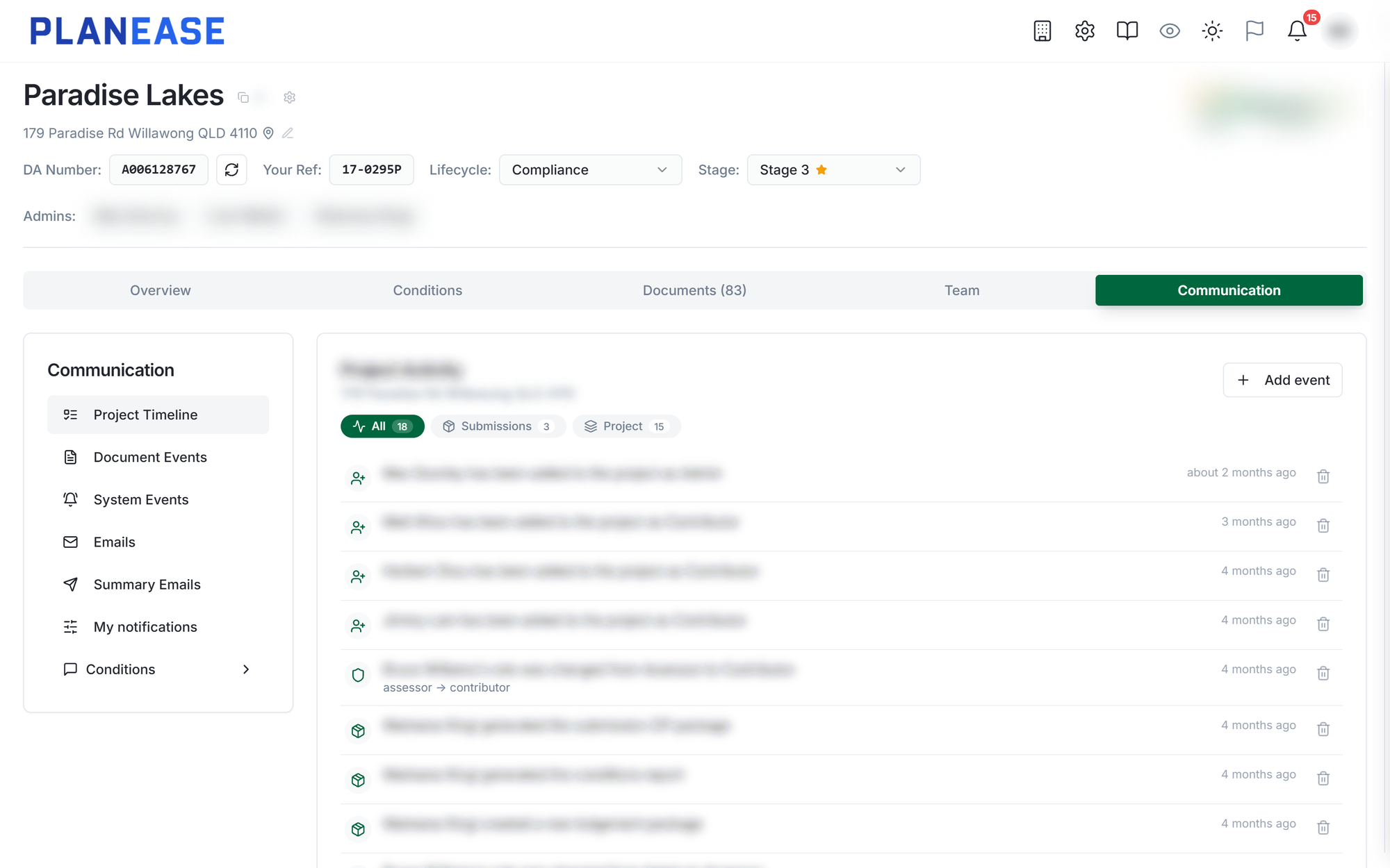 PlanEase Communication tab with the project timeline and condition threads