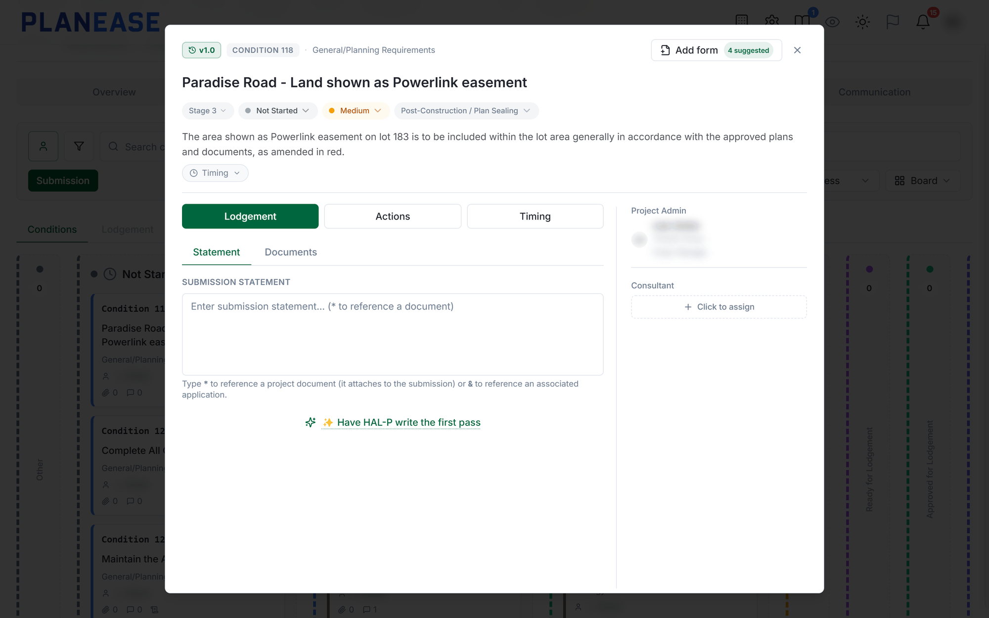 A PlanEase condition with its owner, due date and attached evidence