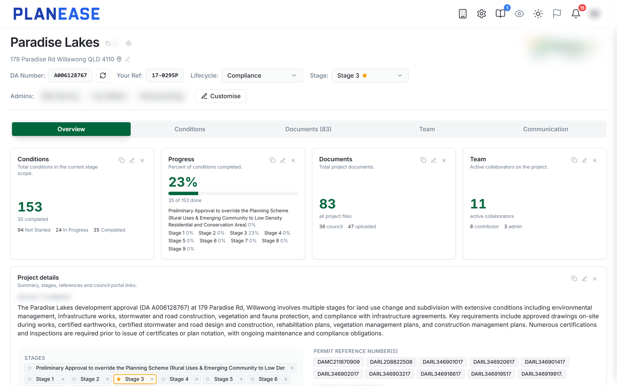 PlanEase project overview with conditions, progress, documents, team and stages