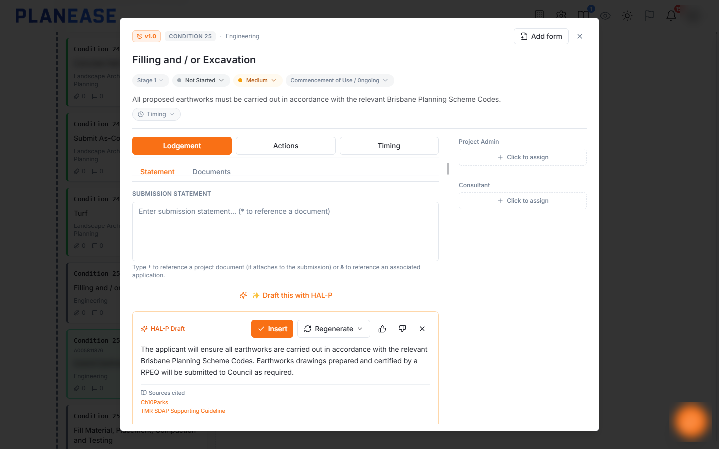 A PlanEase condition with a drafted submission statement and its cited sources, ready for review