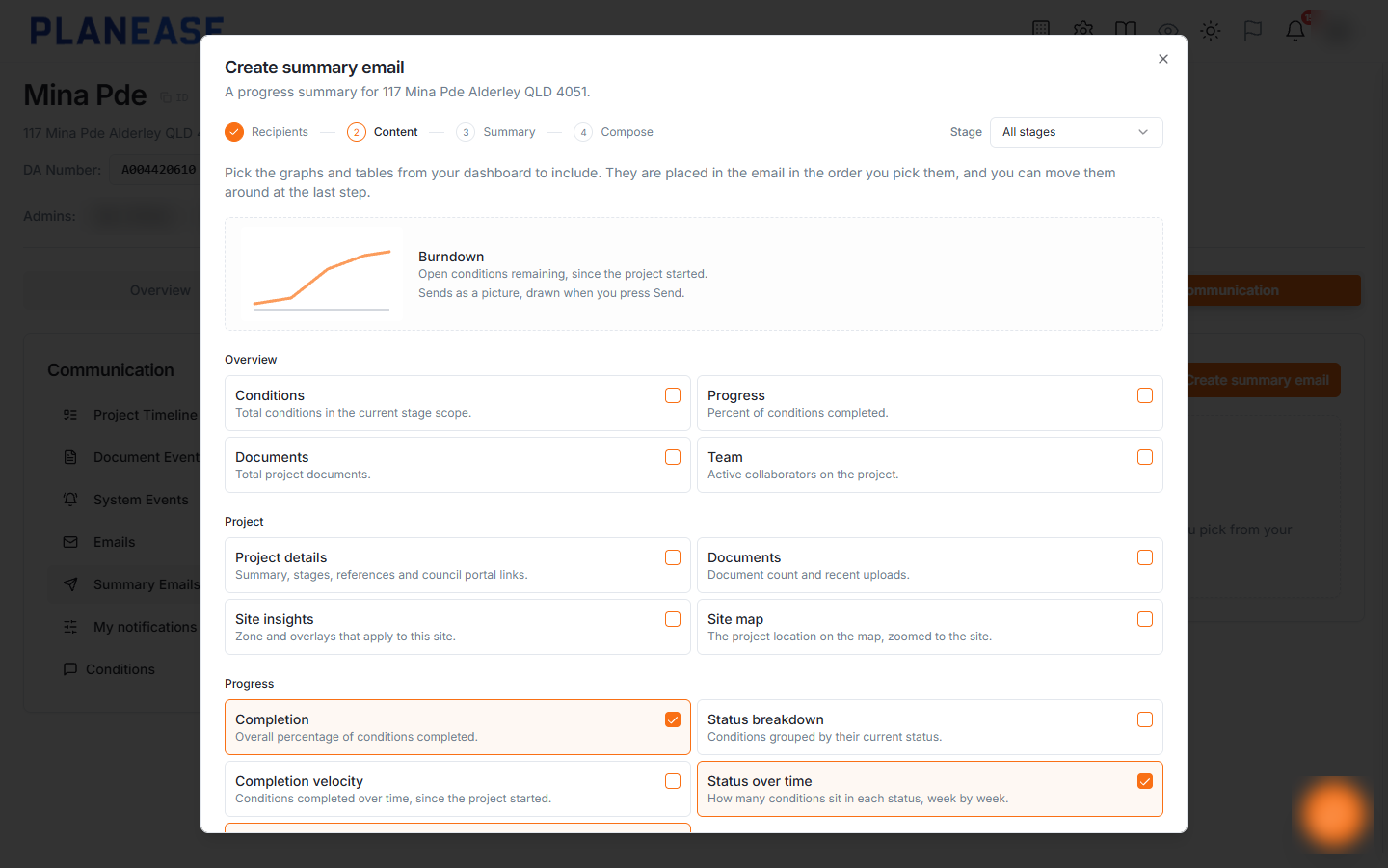 PlanEase summary email composer with a written update, graphs and tables